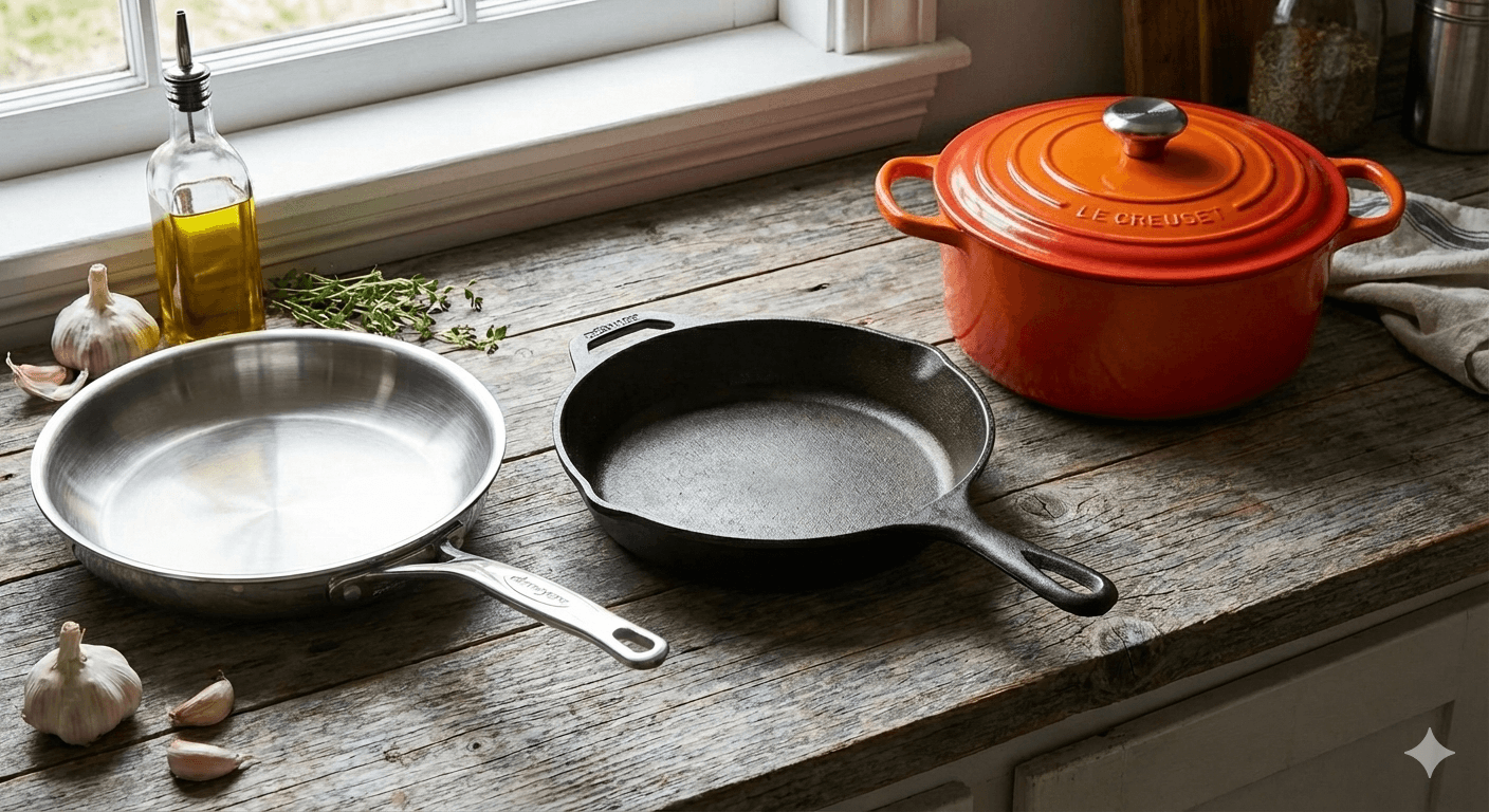 Verschillende soorten pannen - gietijzer, RVS en carbon steel